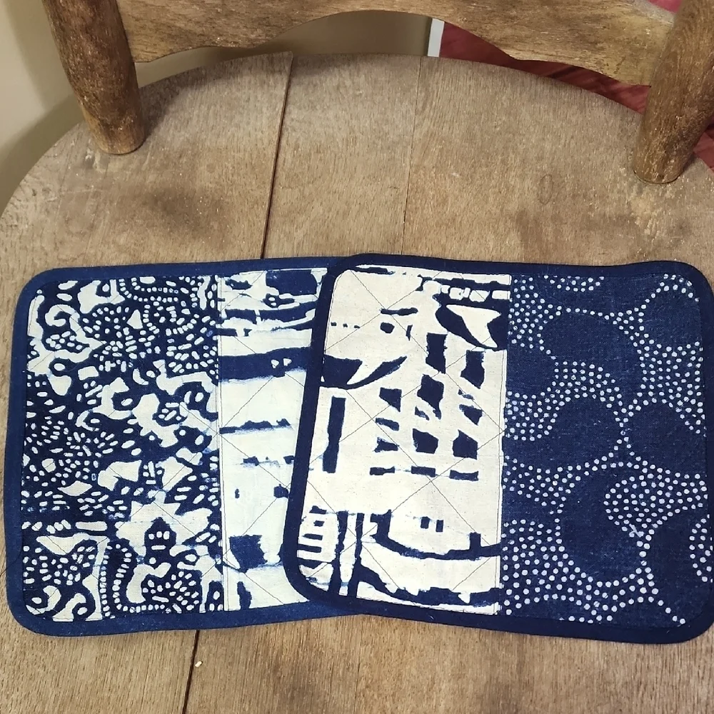 Indigo Dyed Batkit Fabric Potholders/ Trivets Set Of 2 - Picture 1 of 2
